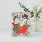 Kerstman Sneeuwpop Koppel In Slede Feestdagenkaart (Staand voorkant)