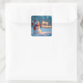 Kerstman Sneeuwpop met Neon Licht Vierkante Sticker (Tas)