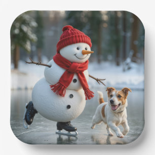 Kerstman Sneeuwpop Schaatsen Met Hond Papieren Bordje