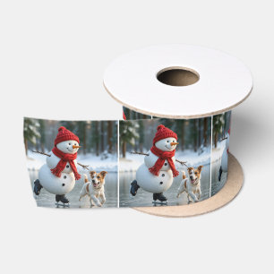 Kerstman Sneeuwpop Schaatsen Met Hond Satijnen Lint