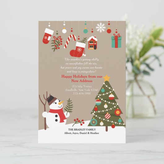 Kerstman Sneeuwpop Verhuisbericht Feestdagenkaart (Staand voorkant)