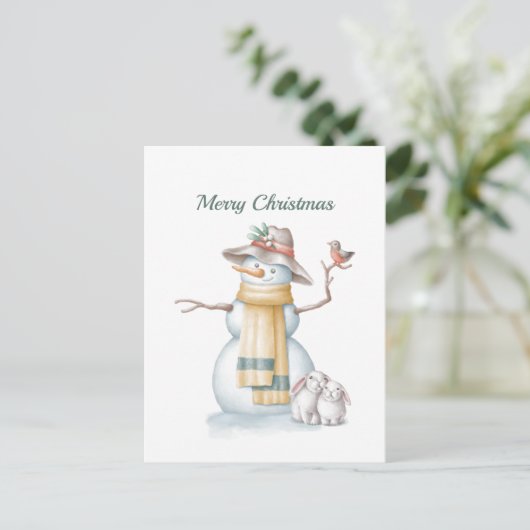 Kerstman Snowman Rabbit Bird Pet Waterverf Feestdagenkaart (Staand voorkant)