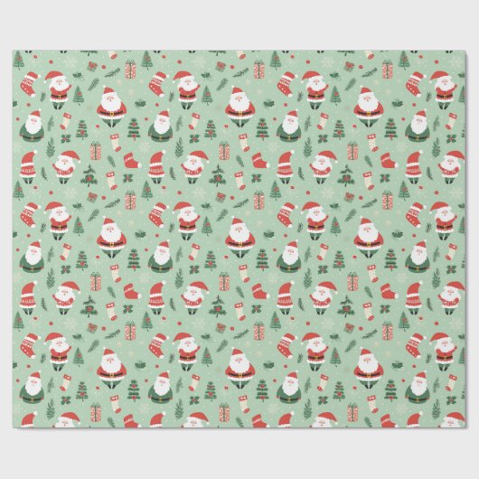 Kerstman, sokken, bomen en kerstcadeaus cadeaupapier (Vlak)