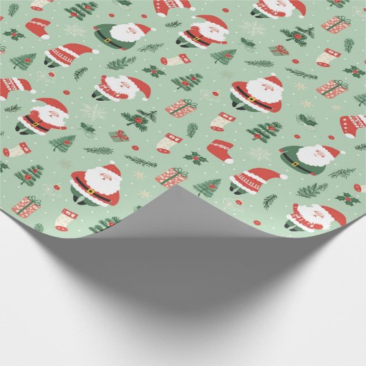 Kerstman, sokken, bomen en kerstcadeaus cadeaupapier (Hoek)