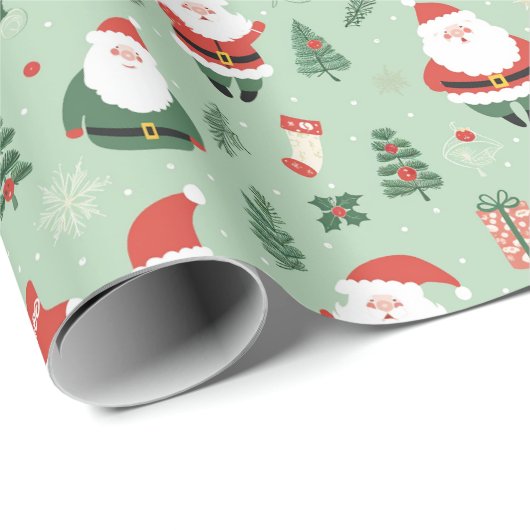 Kerstman, sokken, bomen en kerstcadeaus cadeaupapier (Rol Hoek)