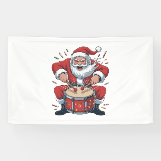 Kerstman speelt drums Kerst drummer Xmas Spandoek (Horizontaal)