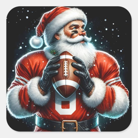 Kerstman speelt Football in de winter Vierkante Sticker (Voorkant)