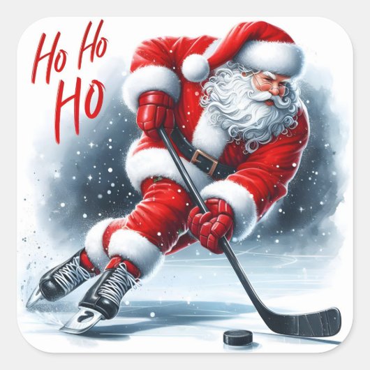Kerstman speelt hockey verspreiden van juichen vierkante sticker (Voorkant)