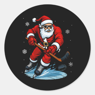 Kerstman speelt ijshockey Kerstmis Grappige Kerst Ronde Sticker
