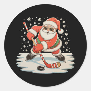 Kerstman speelt ijshockey Kerstmis Xmas Sport Ronde Sticker