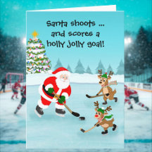 Kerstman speelt ijshockey met rendieren