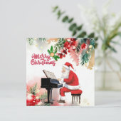 Kerstman speelt piano vrolijk kerstfeest feestdagenkaart (Staand voorkant)