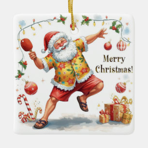 Kerstman speelt pingpong in een hawaï shirt keramisch ornament