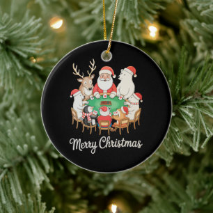 Kerstman speelt poker ijsbeer pinguïn rendier keramisch ornament
