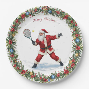Kerstman speelt tennis vrolijk kerstthema papieren bordje