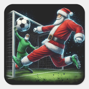 Kerstman speelt voetbal in de winter vierkante sticker