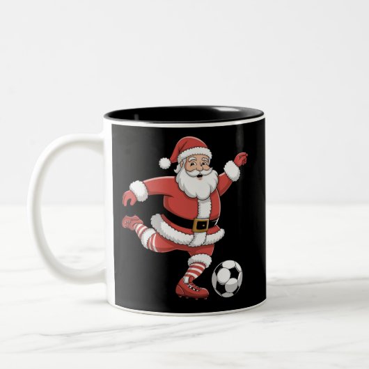 Kerstman speelt voetbal kerstsport tweekleurige koffiemok (Links)