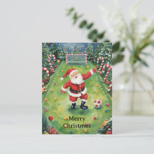 Kerstman speelt voetbal kerstvakantie feestdagenkaart (Staand voorkant)