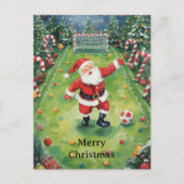 Kerstman speelt voetbal kerstvakantie feestdagenkaart (Voorkant)