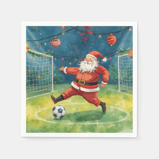 Kerstman speelt voetbal kerstvakantie servet (Voorkant)