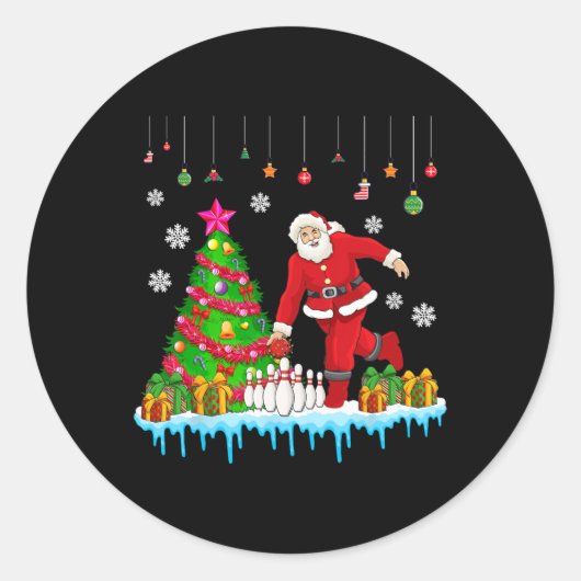 Kerstman spelen Bowling Kerstboom Grappige Speler Ronde Sticker (Voorkant)