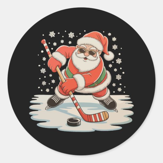 Kerstman spelen IJshockey Kerstmis Xmas Sport Ronde Sticker (Voorkant)