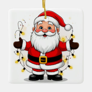 Kerstman staand met kerstlichtjes keramisch ornament