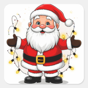 Kerstman staand met kerstlichtjes vierkante sticker