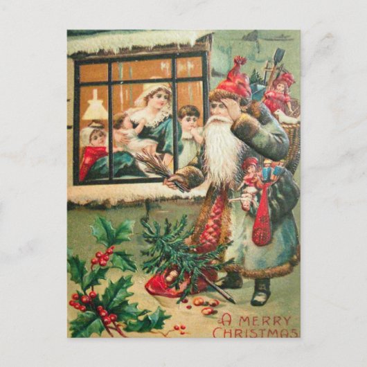 Kerstman staat voor het raam briefkaart (Voorkant)