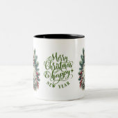 Kerstman staat voor vrolijk kerstfeest en gelukkig tweekleurige koffiemok (Center)