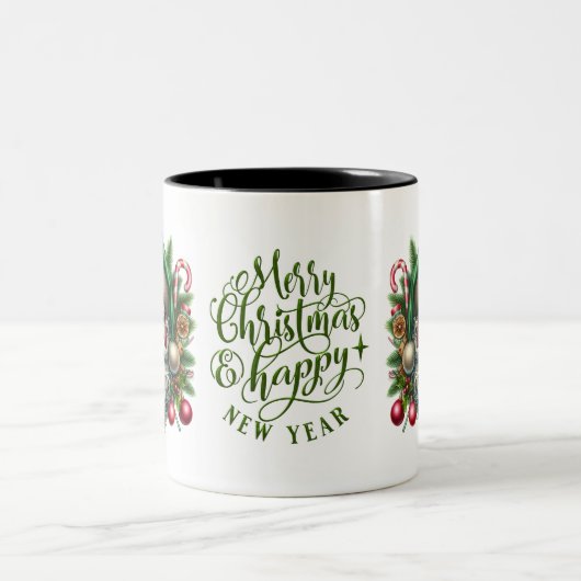 Kerstman staat voor vrolijk kerstfeest en gelukkig tweekleurige koffiemok (Center)