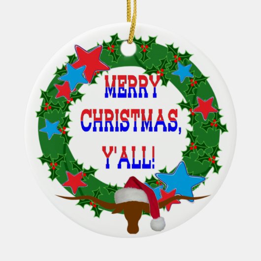 Kerstman Steer - Vrolijk Kerstfeest Y'all Keramisch Ornament (Voorkant)