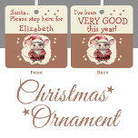 Kerstman stop hier naam schattige muis bruin metalen ornament<br><div class="desc">Maak uw vakantiewens glashelder met dit schattige gepersonaliseerde kerstornament! Op de voorkant staat: "Santa, stop hier alsjeblieft voor [Name]" in speelse letters, perfect voor kleintjes die de aandacht van de kerstman willen trekken. Draai het om en je zult zien: "Ik ben dit jaar heel goed geweest" - een zoete herinnering...</div>
