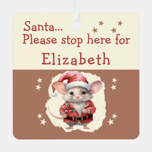 Kerstman stop hier naam schattige muis bruin metalen ornament (Voorkant)