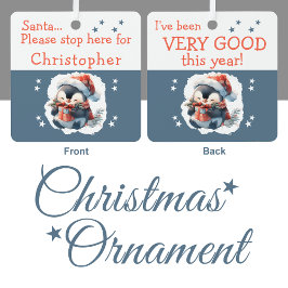 Kerstman stop hier naam schattige pinguïn grijs metalen ornament