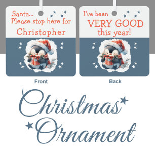 Kerstman stop hier naam schattige pinguïn grijs metalen ornament