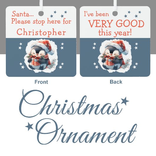 Kerstman stop hier naam schattige pinguïn grijs metalen ornament