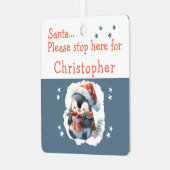 Kerstman stop hier naam schattige pinguïn grijs metalen ornament (Voorkant links)