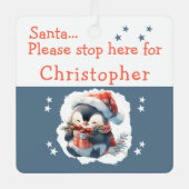 Kerstman stop hier naam schattige pinguïn grijs metalen ornament (Voorkant)