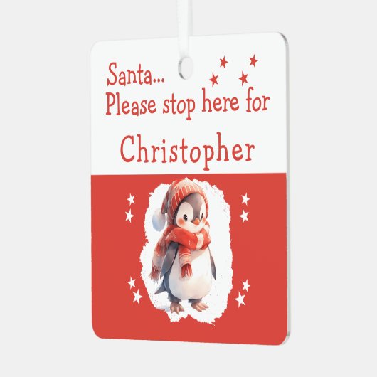 Kerstman stop hier naam schattige pinguïn rood metalen ornament (Voorkant links)