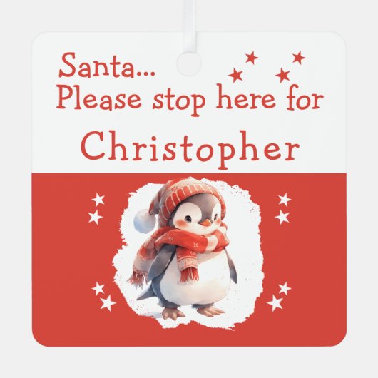Kerstman stop hier naam schattige pinguïn rood metalen ornament (Voorkant)