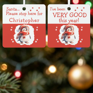 Kerstman stop hier naam schattige pinguïn rood metalen ornament