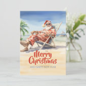 Kerstman Strand Waterverf Feestdagenkaart (Staand voorkant)