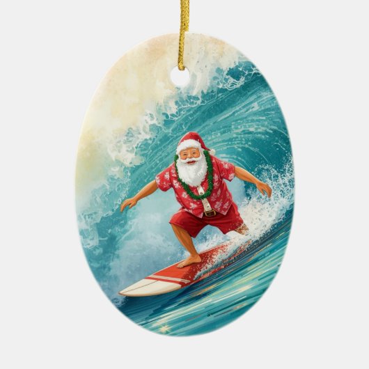 Kerstman Surfende op Grote Golf Keramisch Ornament (Voorkant)