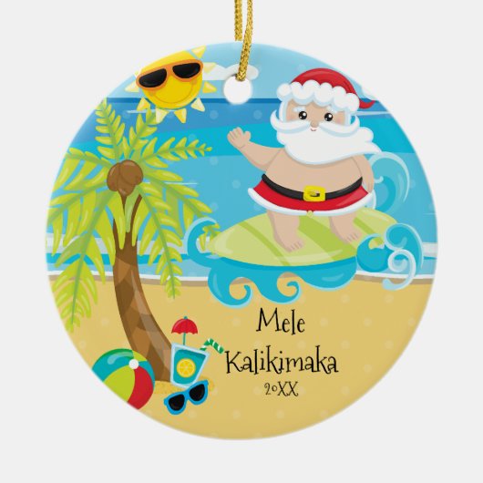 Kerstman surft op palmboom Hawaiaanse Kerstmis Keramisch Ornament (Voorkant)