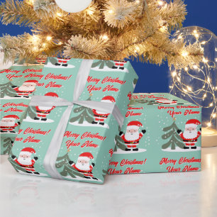 Kerstman-tekenfilm met kerstboom turquoise cadeaupapier