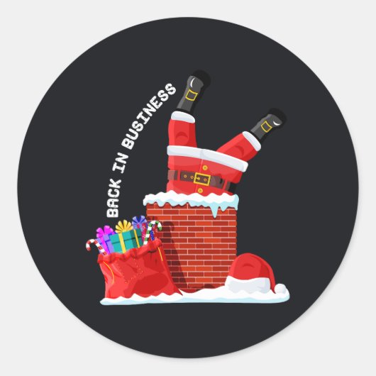 Kerstman terug in het bedrijf — Grappige Kerstscho Ronde Sticker (Voorkant)