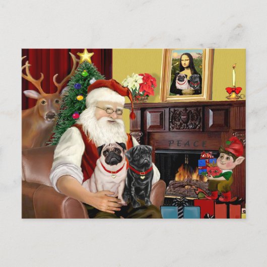 Kerstman thuis - 2 Pugs,2V,1zw) Feestdagenkaart (Voorkant)