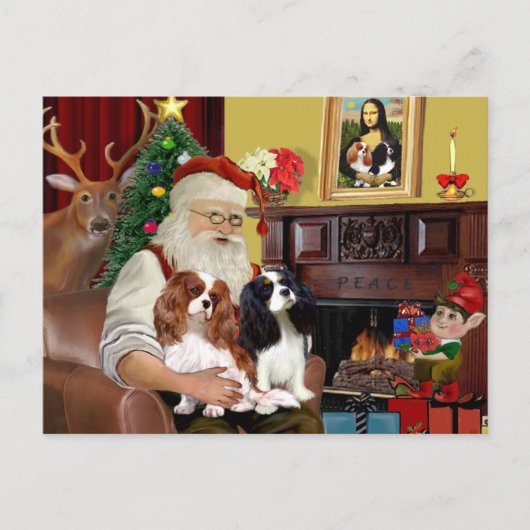 Kerstman Thuis Cavalier King Charles (twee) Feestdagenkaart (Voorkant)