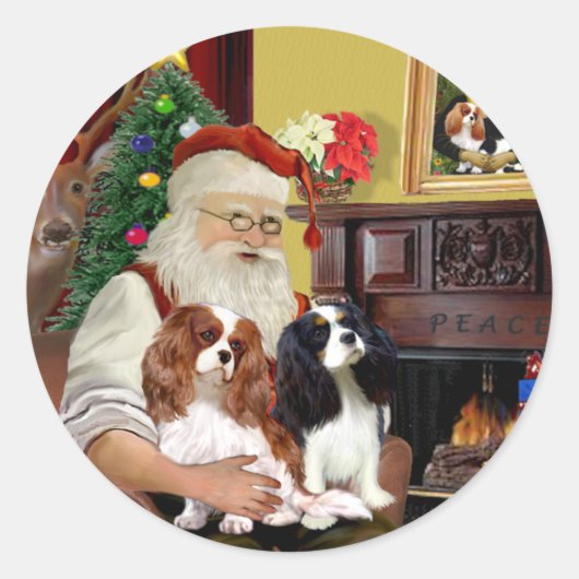 Kerstman Thuis Cavalier King Charles (twee) Ronde Sticker (Voorkant)